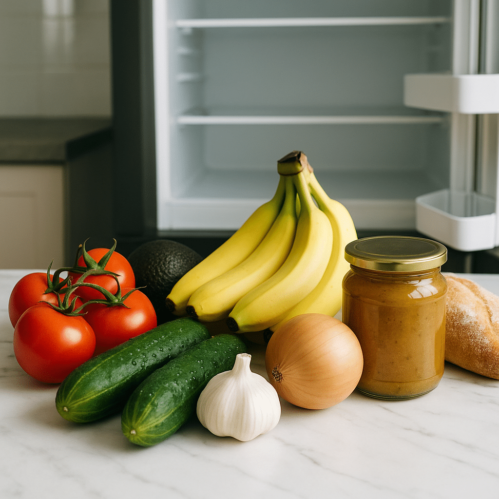 Lebensmittel nicht im Kühlschrank lagern – frische Produkte auf der Arbeitsfläche